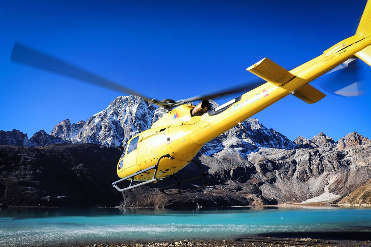 MEDIVAC helicopter taking off from Gokyo - Adventure Medic